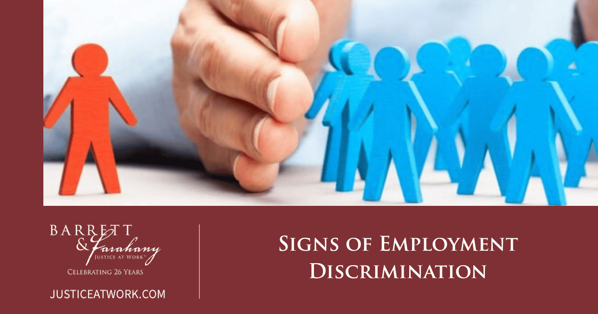 Signs of employment discrimination in workplace infographic